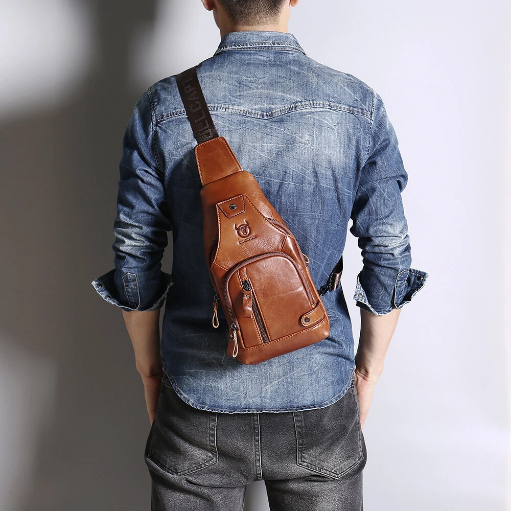 (image for) BULLCAPTAIN Mens Genuine Leather USB Charging Large Capacity Business Casual Chest Bag Shoulder Crossbody Bag
